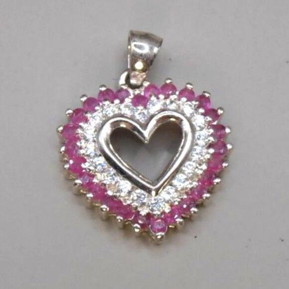 VTG Ruby & White Tourmaline Heart Pendant 925 Thai – Silver Plated, 3/4" - Picture 1 of 4